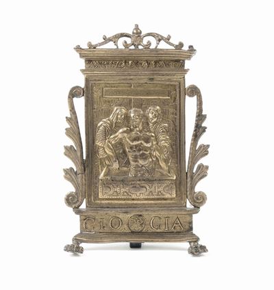 Pace in Bronzo Fuso, Cesellato e Dorato Raffigurante Deposizione, Arte Veneta del XVI Secolo