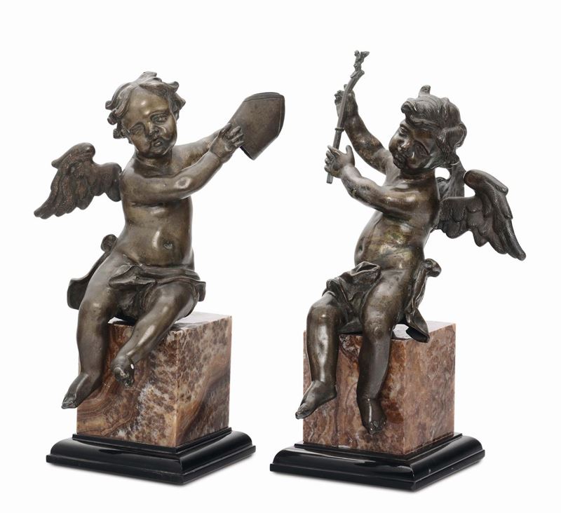 A pair of Baroque molten and chiselled bronze angels, Italian art, 17th century  - Auction Fine Arts from refined private house - Cambi Casa d'Aste