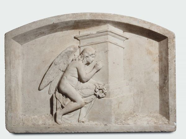 A white marble lunette representing an allegoric scene, sculptor, 19th century