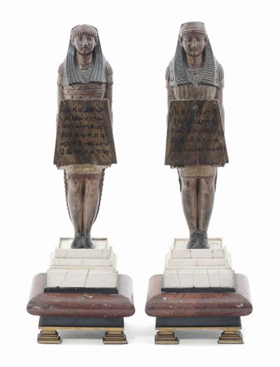 Coppia di Figure Egizie in Legno Dipinto su Basi in Marmo e Avorio, Scultore Italiano o Francese ...