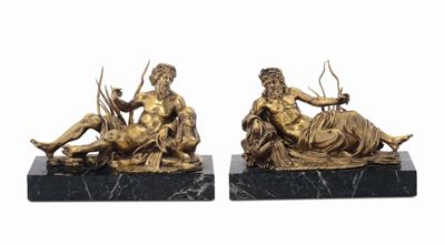 Coppia di Raffigurazioni Allegoriche dei Fiumi Nilo e Tevere in Bronzo Fuso, Cesellato e Dorato, ...