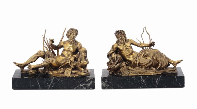 A pair of molten, chiselled and gilt bronze allegoric representations of the rivers Nile and Tiber, Italy or France, 18th -19th century  - Auction Sculpture and Works of Art - Cambi Casa d'Aste