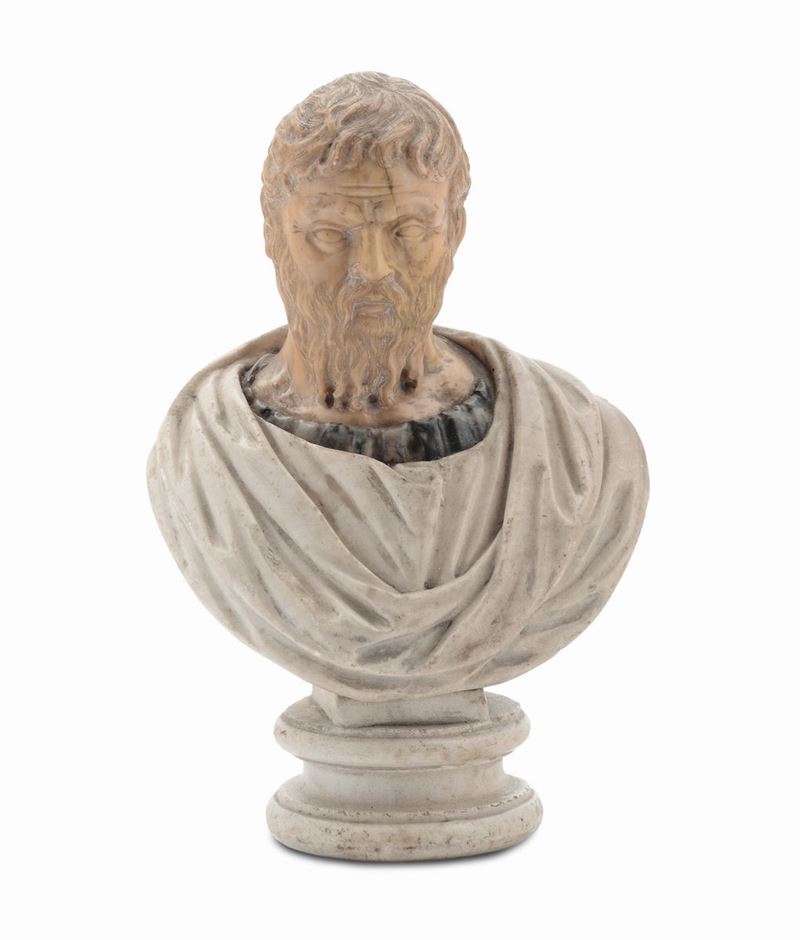 Piccolo busto di filosofo (Socrate?) in giallo antico e marmi vari, XIX secolo  - Auction Fine Arts from refined private house - Cambi Casa d'Aste