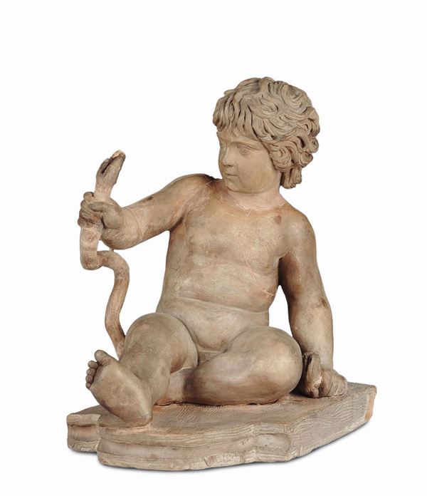 An earthenware sculpture representing Young Hercules killing the snakes, Italian plastic artist of the second half of the 17th century