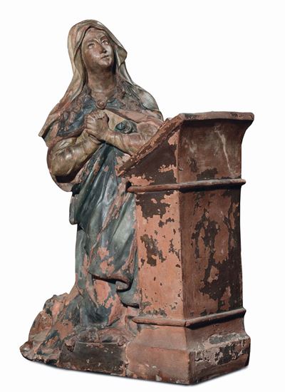 Scultura in Terracotta Policroma Raffigurante Madonna Annunciata, Scuola Romana del XVII Secolo