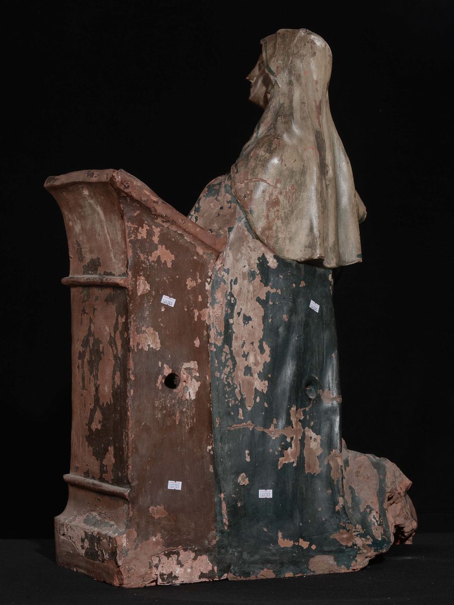 Scultura in Terracotta Policroma Raffigurante Madonna Annunciata, Scuola Romana del XVII Secolo