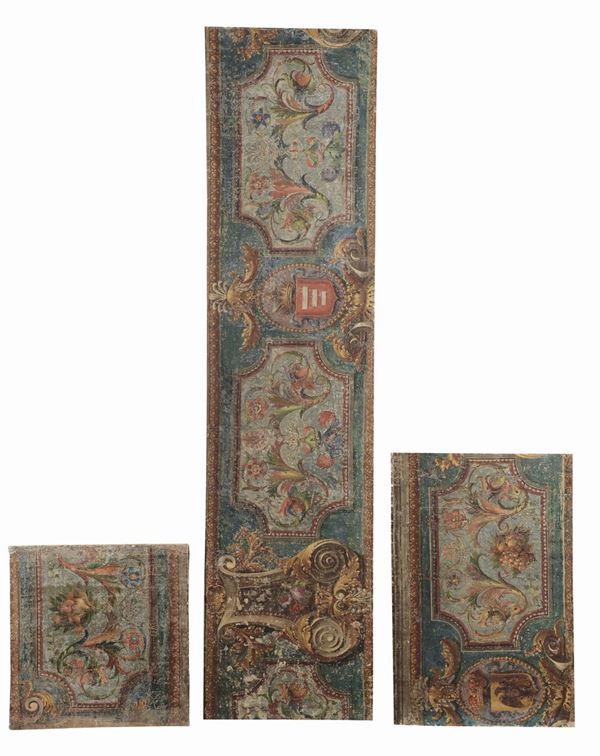 Tre pannelli dipinti su tela, XVIII secolo