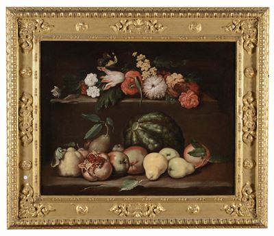 Scuola Romana del XVII Secolonatura Morta con Frutta e Fiori