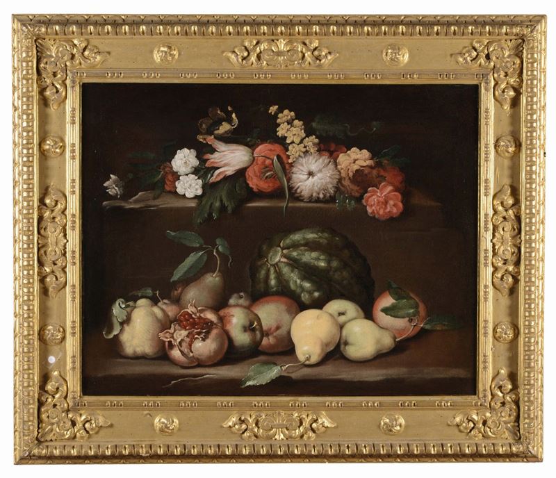 Scuola romana del XVII secolo Natura morta con frutta e fiori  - Asta Dipinti Antichi - Cambi Casa d'Aste