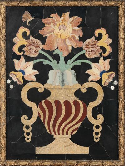 Coppia di Pannelli a Commesso di Marmi Colorati Raffiguranti Vaso con Fiori, XX Secolo
