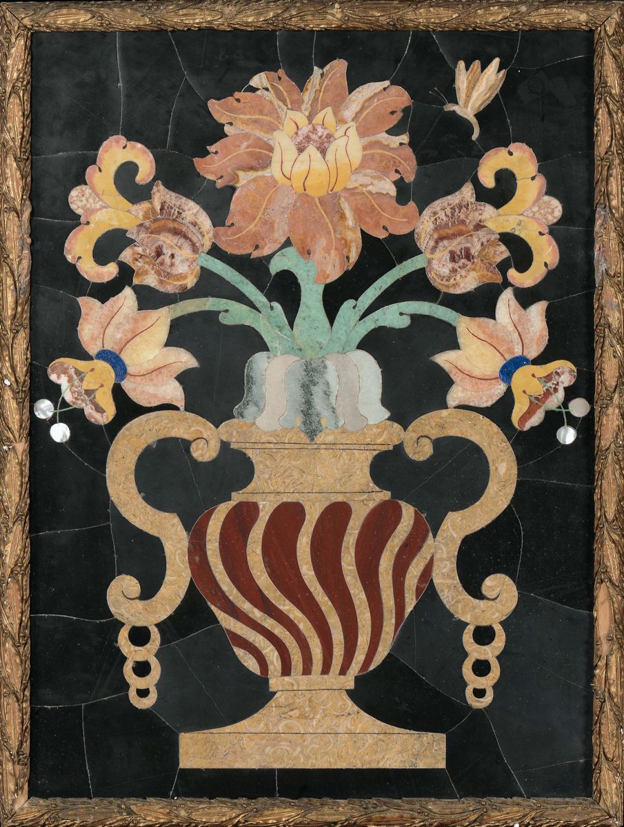 Coppia di Pannelli a Commesso di Marmi Colorati Raffiguranti Vaso con Fiori, XX Secolo