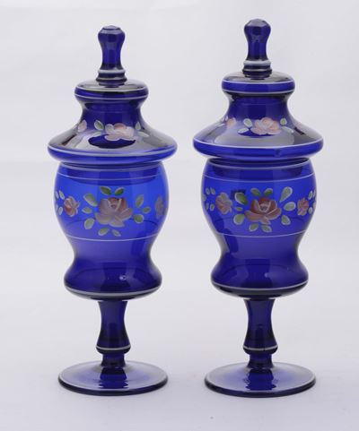 Coppia di Vasicon Coperchio in Vetro Blu, XX Secolo