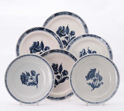 Sei Piatti in Maiolica a Decoro Bianco e Blu, Imola o Torino, XIX Secolo
