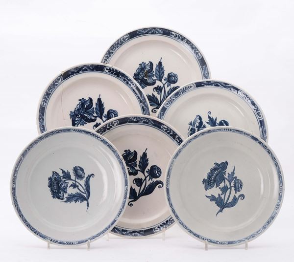 Sei piatti in maiolica a decoro bianco e blu, Imola o Torino, XIX secolo