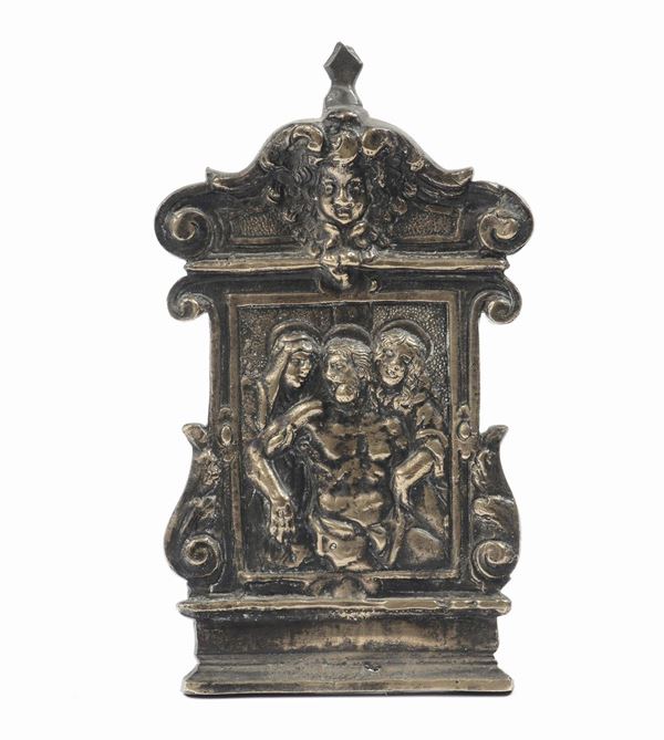 A molten, chiselled and silvery bronze pax representing the Deposition, bronze worker from northern Italy, 16th - 17th cen