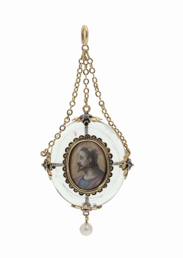 A rock crystal, gold and enamels pendant, Italian or Spanish goldsmith, 17th century