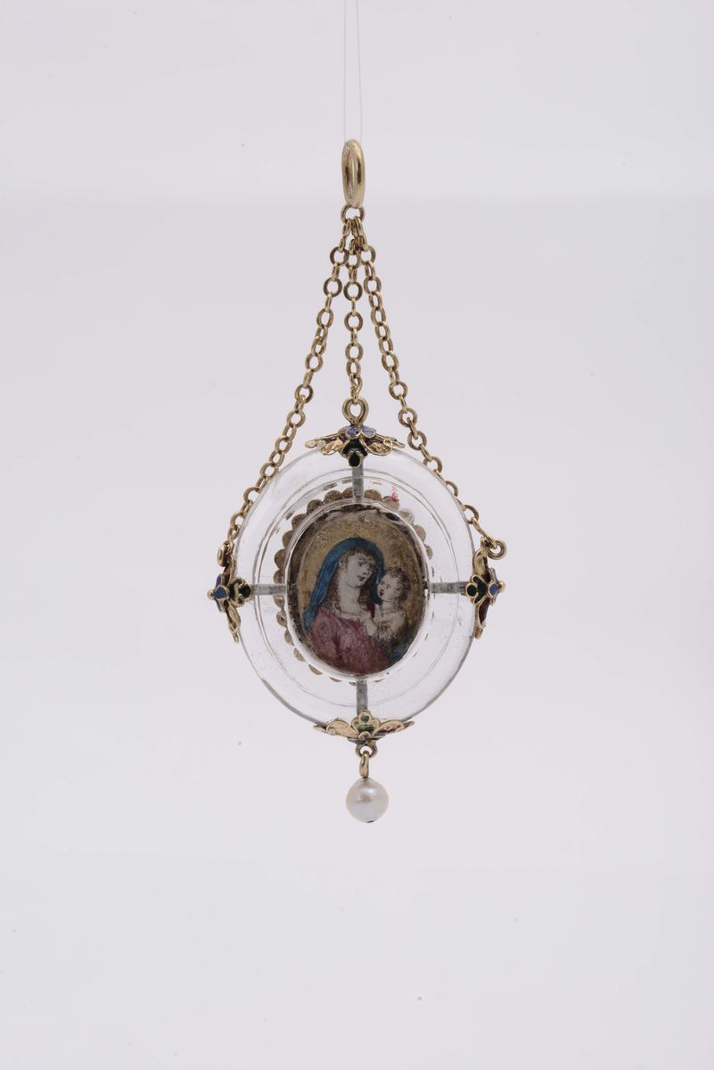Pendente in Cristallo di Rocca, Oro e Smalti, Orafo Italiano o Spagnolo del XVII Secolo