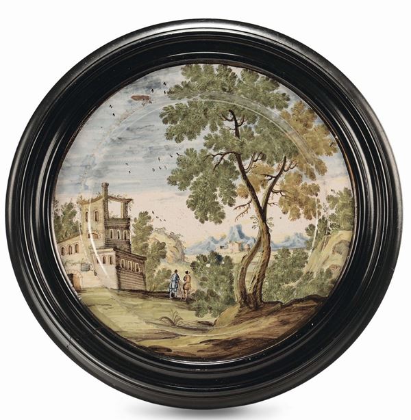 Coppia di piatti di maiolica policroma incorniciati, Castelli XVIII secolo