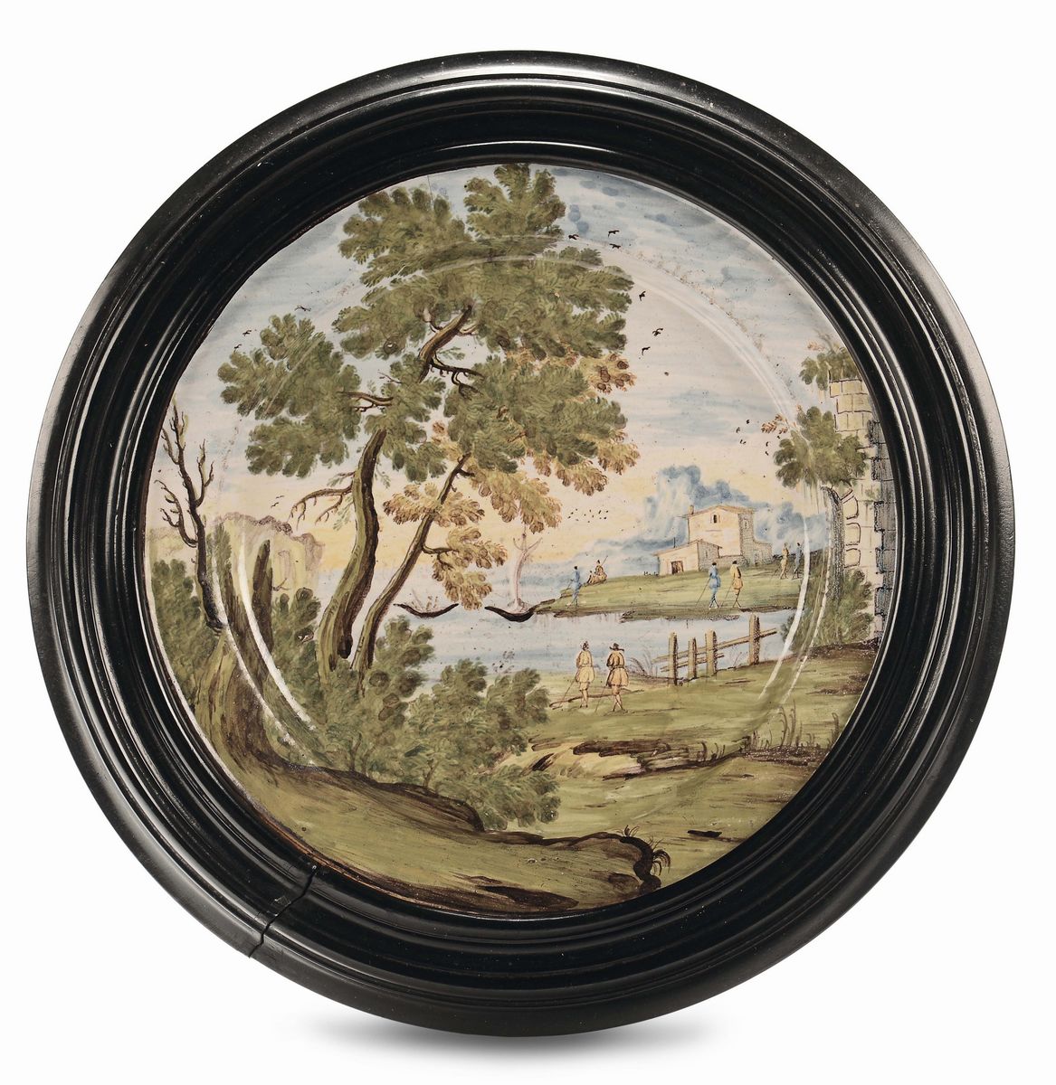 Coppia di Piatti di Maiolica Policroma Incorniciati, Castelli XVIII Secolo