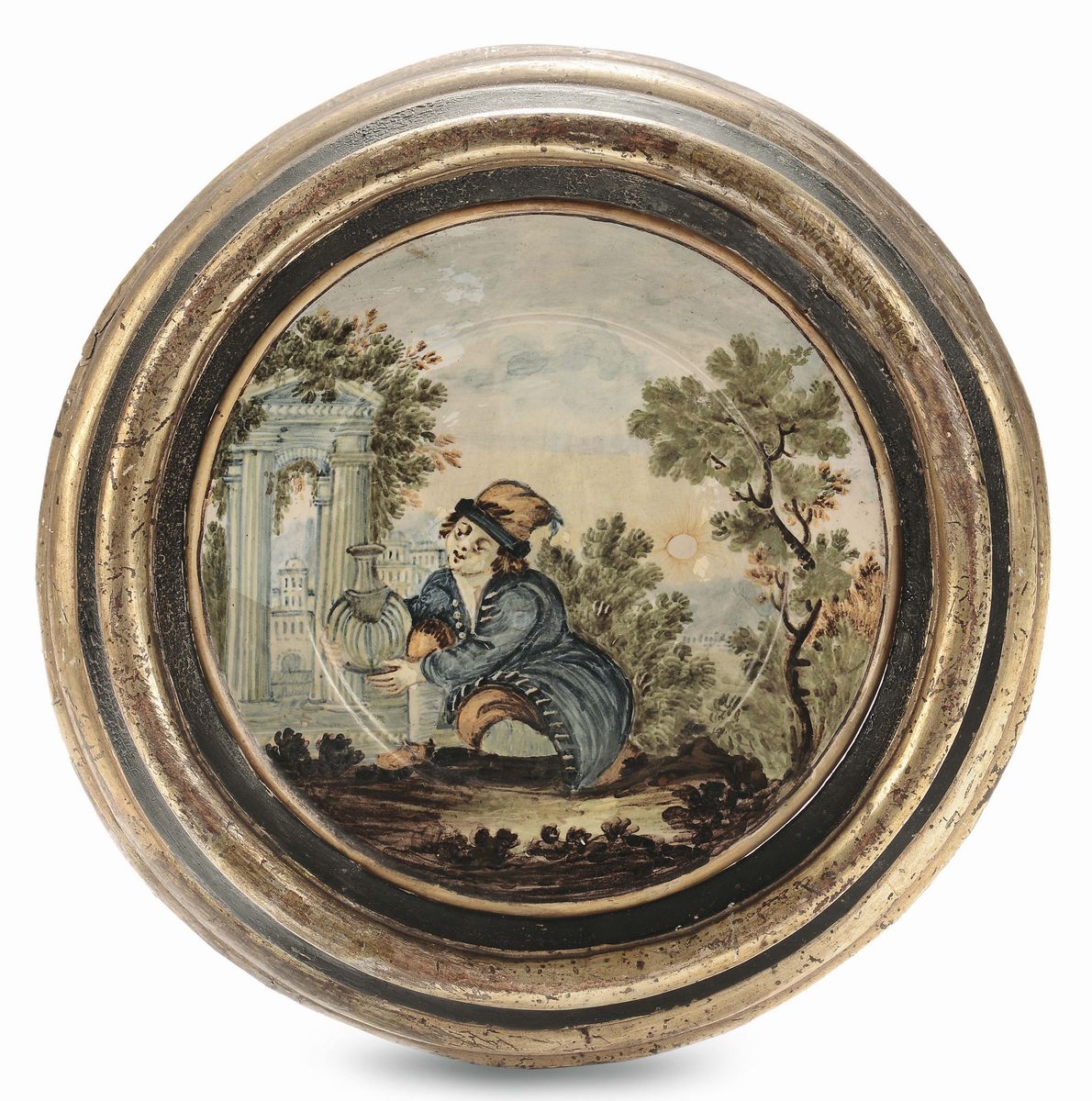 Coppia di Piatti in Maiolica con Cornice Nera e Oro, Castelli XVIII Secolo