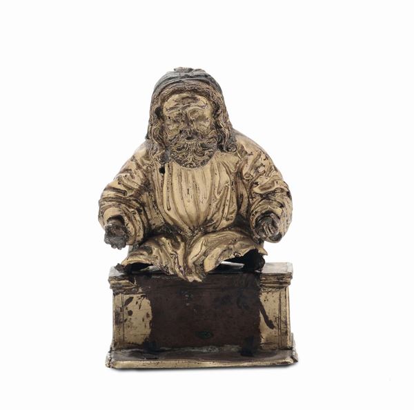 An embossed, chiselled and gilt copper Father God figure on a rectangular base, northern Italy, 15th-16th century