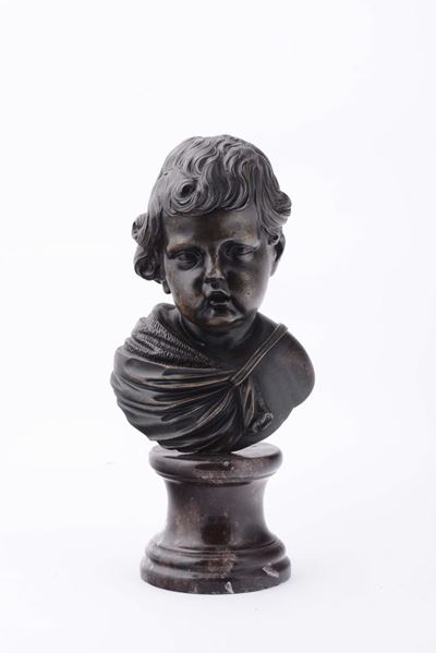 Busto di Fanciullo in Bronzo Fuso e Cesellato su Base Tornita in Marmo, Arte del XVIII-XIX Secolo