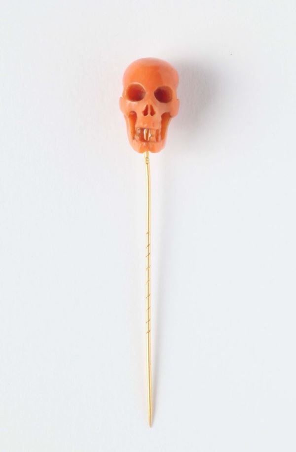 19th century coral skull stick pin
