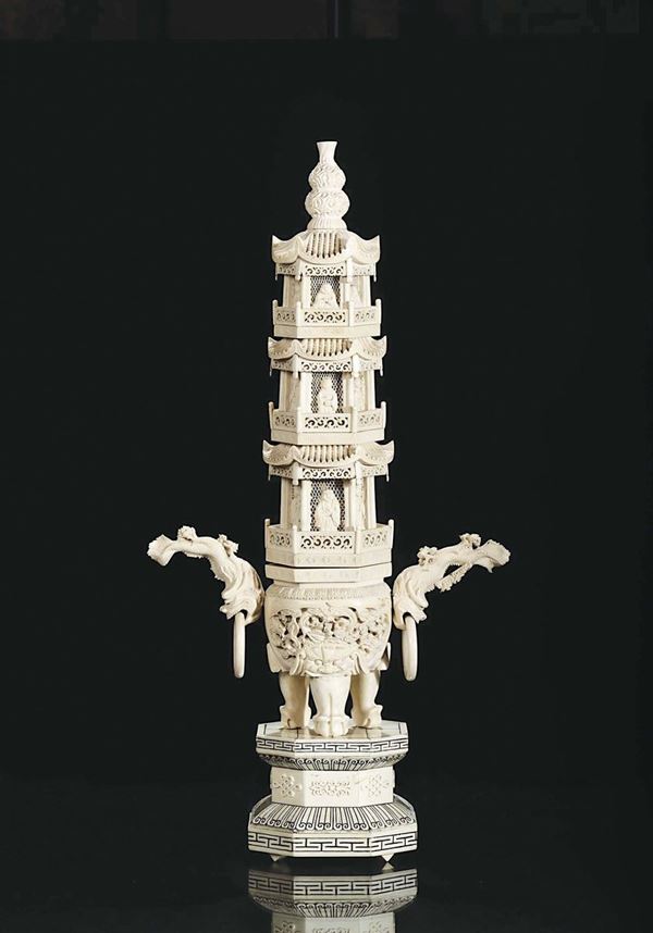 A carved and fretworked ivory pagoda, China, Qing Dynasty, early 20th century