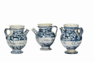 Tre Boccali di Farmacia in Maiolica, Albisola Fine del XVII- Inizio XVIII Secolo