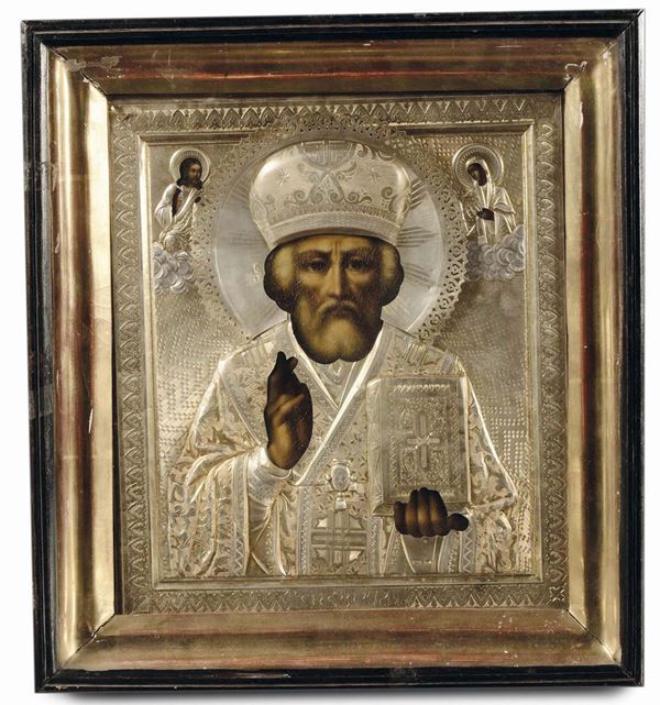 Icona con riza in argento raffigurante Santo benedicente, Russia, seconda metà XVIII secolo