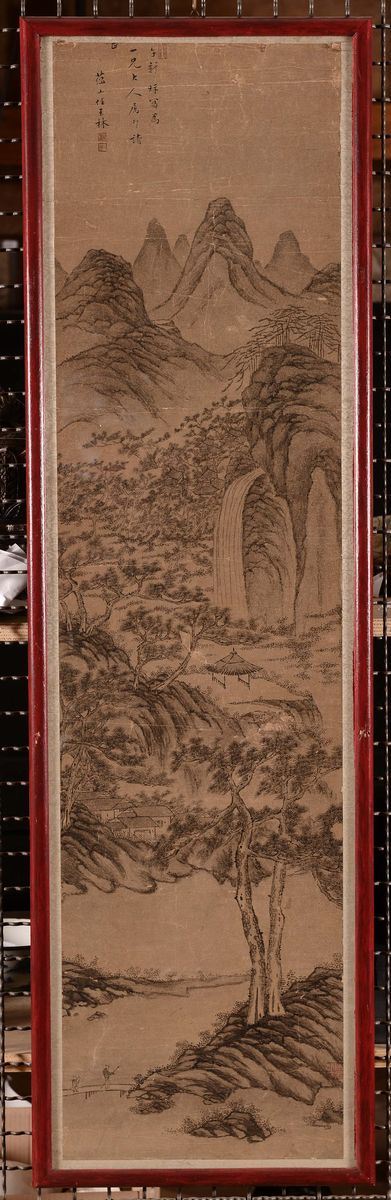 Dipinto a Tempera su Carta con Paesaggio e Iscrizioni, Cina, Dinastia Qing, XIX Secolo