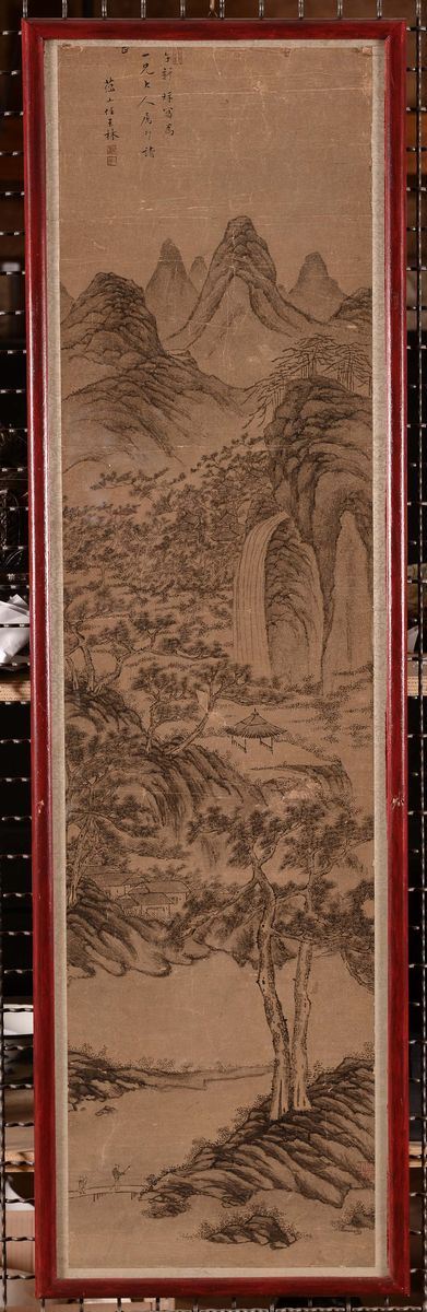 A distemper painting on paper with landscape and inscriptions, China, Qing Dynasty, 19th century