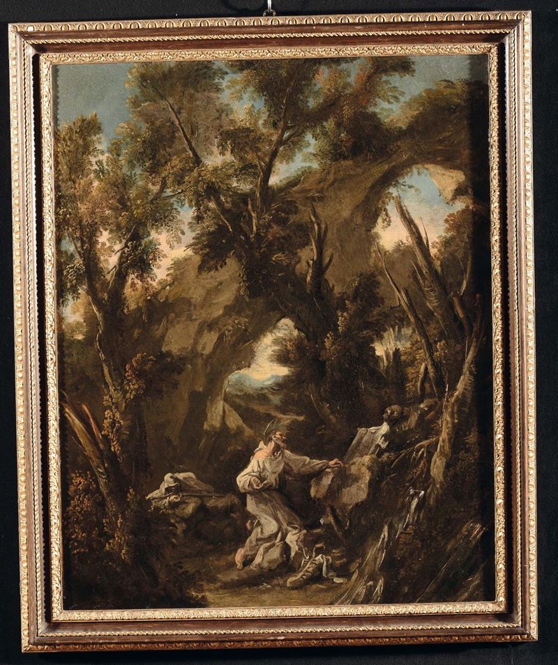 Alessandro Magnasco (Genova 1667-1749) Paesaggio con Santo  - Asta Fine Selection - II - III - Cambi Casa d'Aste
