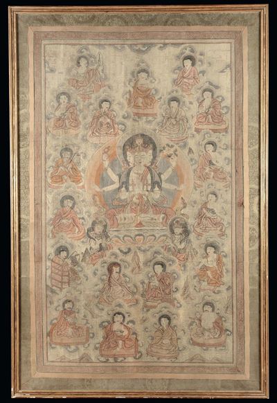 Raro Tanka in Tessuto Kesi con Raffigurazione di Divinità Tibetane, Cina, Dinastia Qing, XVIII Se...
