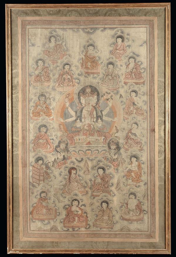 Raro tanka in tessuto Kesi con raffigurazione di divinità tibetane, Cina, Dinastia Qing, XVIII secolo