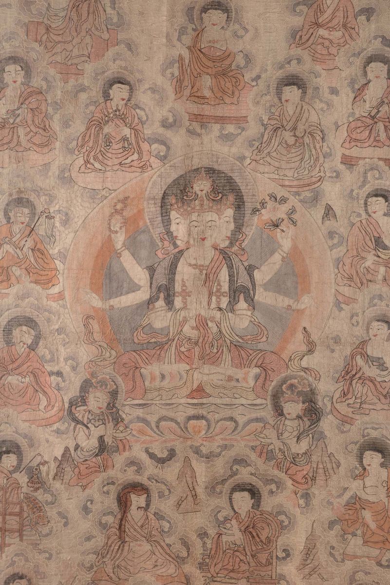 Raro Tanka in Tessuto Kesi con Raffigurazione di Divinità Tibetane, Cina, Dinastia Qing, XVIII Se...