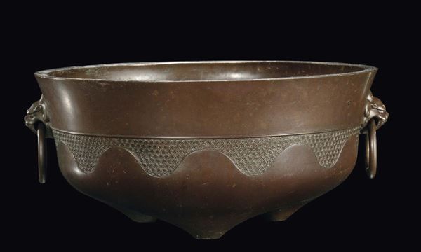 A large bronze brazier with masks, China, Qing Dynasty, late 17th century