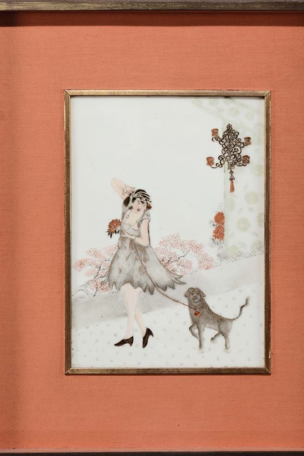 Piastrella in porcellana policroma raffigurante personaggio con cane, Cina, Dinastia Qing, XIX secolo