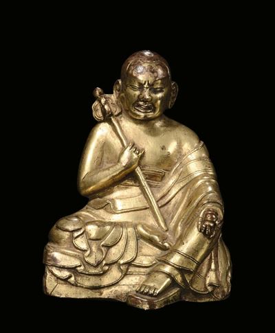 Scultura in Bronzo Dorato Raffigurante Monaco Seduto, Tibet, XVII Secolo