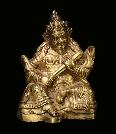 Scultura in Bronzo Dorato Raffigurante Guerriero, Tibet, Fine XVII Secolo