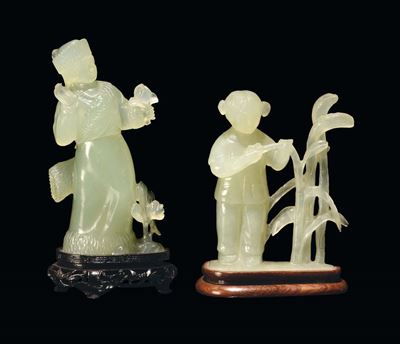 Coppia di Figure in Giada Verde, Cina, Repubblica, XX Secolo