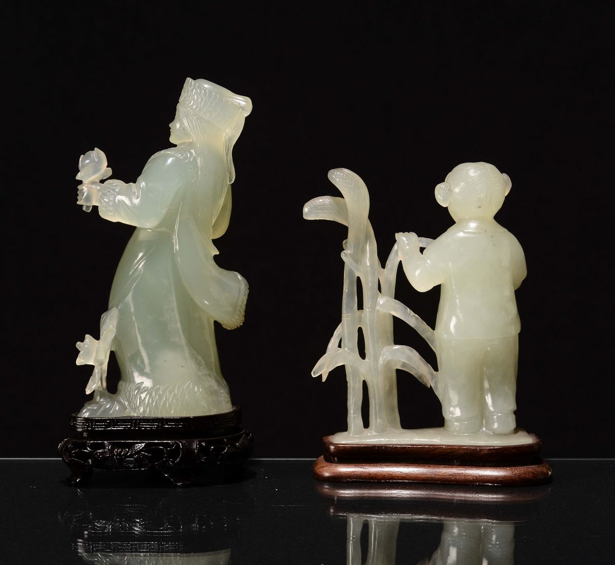 Coppia di Figure in Giada Verde, Cina, Repubblica, XX Secolo