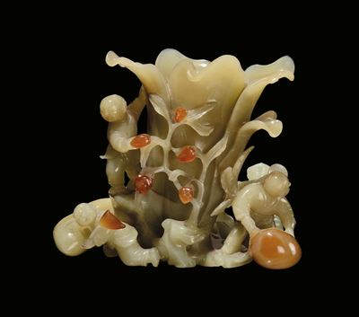 Vasetto in Giada Celadon con Bambini e Vegetazione, Cina, XX Secolo