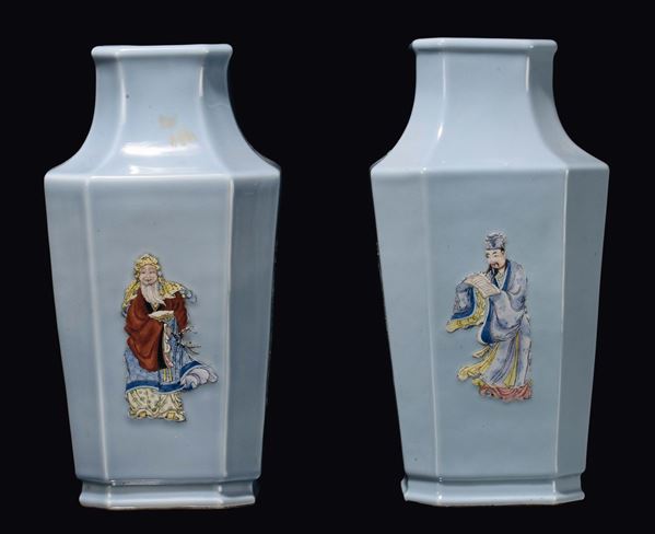 A pair of light blue Claire de lune porcelain vases with figures, China, Qing Dynasty, Daoguang Period (1821-1850)