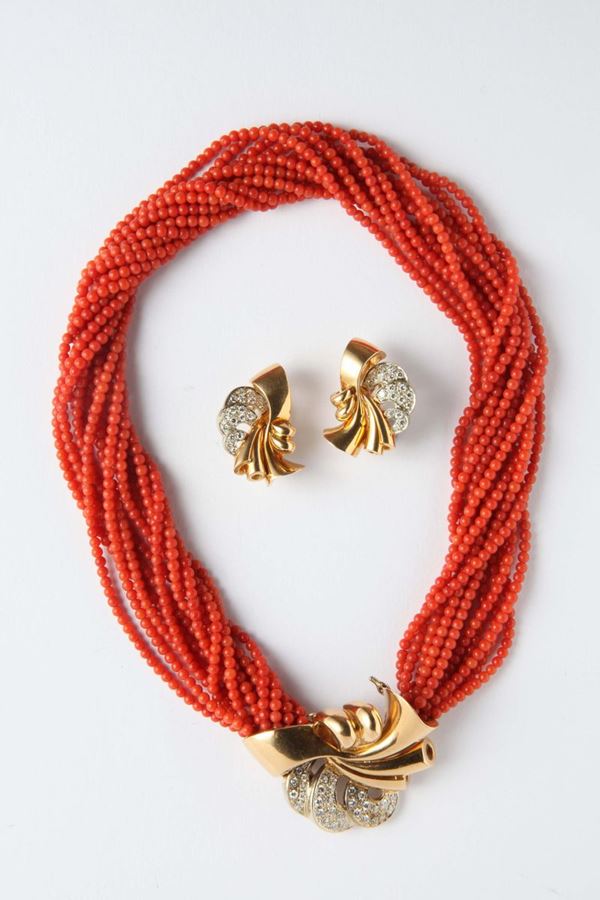 A pair of coral, diamond and gold earrings and necklace. 1940 circa