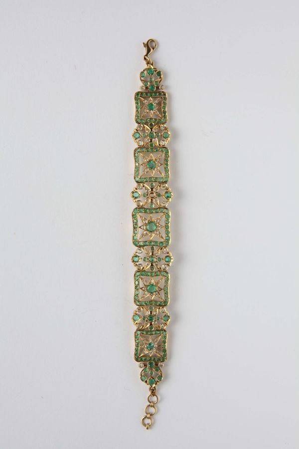 A 20th century rose-cut diamond and emerald bracelet