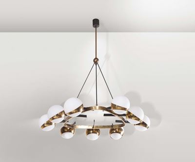 Stilnovo. Lampada da Sospensione in Ottone e Metallo Verniciato. Prod. Stilnovo, Italia, 1950 Ca.