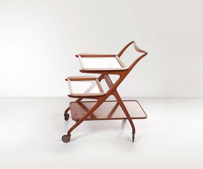 Cesare Lacca. Carrello in Legno di Noce Massello Scolpito. Prod. Italia, 1950 Ca.