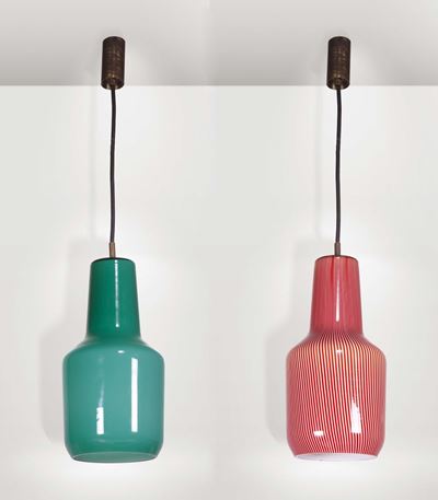 Massimo Vignelli. Coppia di Lampade da Sospensione in Vetro di Murano, Lavorazione a Canne. Prod....
