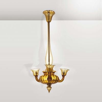 Napoleone Martinuzzi. Lampada da Sospensione in Vetro di Murano Color Paglierino. Prod. Venini, I...